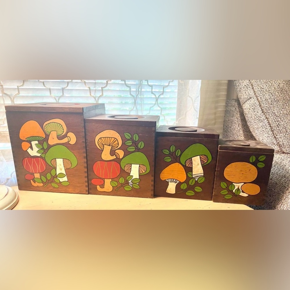 Vintage MCM Wood Mushroom Painted Countertop Canisters Set of 4